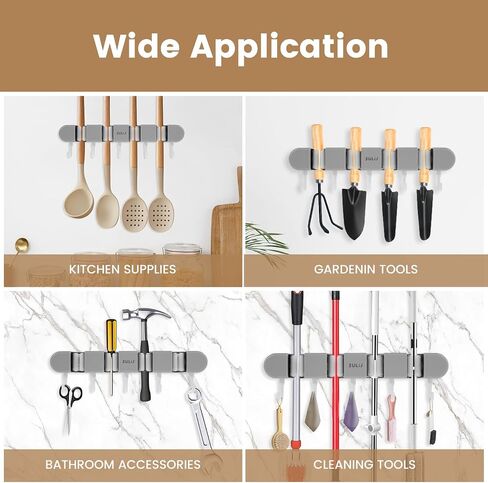 3PCS Broom Holder Wall Mount, No-Drilling Self-Adhesive Mop and Broom Storage Rack (4 Racks with 5 Hooks),Wall-Mounted Broom Hanger for Bathroom, Kitchen, Closet, Garage (Gray) in Kuwait