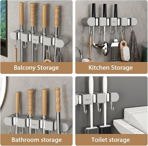 3PCS Broom Holder Wall Mount, No-Drilling Self-Adhesive Mop and Broom Storage Rack (4 Racks with 5 Hooks),Wall-Mounted Broom Hanger for Bathroom, Kitchen, Closet, Garage (Gray) in Kuwait