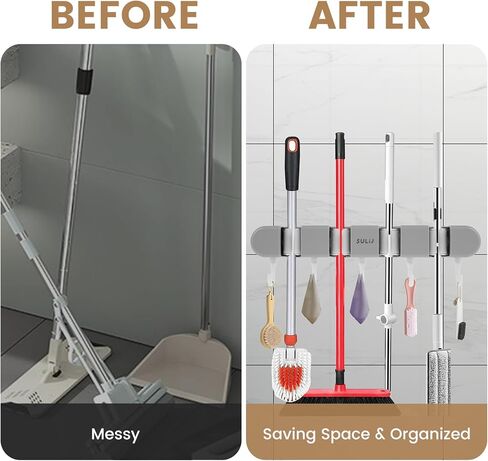 3PCS Broom Holder Wall Mount, No-Drilling Self-Adhesive Mop and Broom Storage Rack (4 Racks with 5 Hooks),Wall-Mounted Broom Hanger for Bathroom, Kitchen, Closet, Garage (Gray) in Kuwait