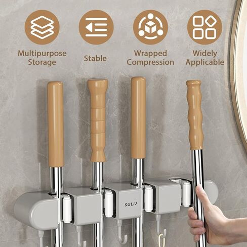 3PCS Broom Holder Wall Mount, No-Drilling Self-Adhesive Mop and Broom Storage Rack (4 Racks with 5 Hooks),Wall-Mounted Broom Hanger for Bathroom, Kitchen, Closet, Garage (Gray) in Kuwait