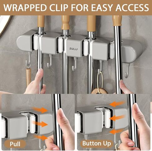 3PCS Broom Holder Wall Mount, No-Drilling Self-Adhesive Mop and Broom Storage Rack (4 Racks with 5 Hooks),Wall-Mounted Broom Hanger for Bathroom, Kitchen, Closet, Garage (Gray) in Kuwait