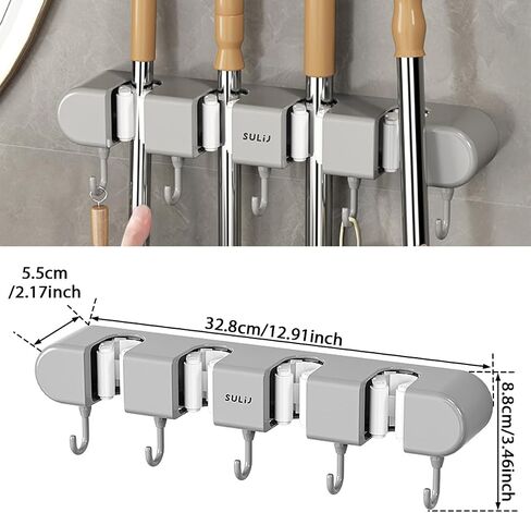 3PCS Broom Holder Wall Mount, No-Drilling Self-Adhesive Mop and Broom Storage Rack (4 Racks with 5 Hooks),Wall-Mounted Broom Hanger for Bathroom, Kitchen, Closet, Garage (Gray) in Kuwait