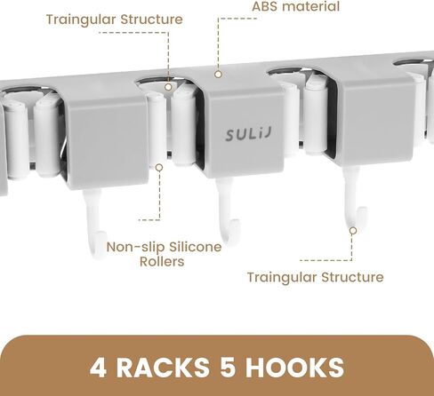3PCS Broom Holder Wall Mount, No-Drilling Self-Adhesive Mop and Broom Storage Rack (4 Racks with 5 Hooks),Wall-Mounted Broom Hanger for Bathroom, Kitchen, Closet, Garage (Gray) in Kuwait