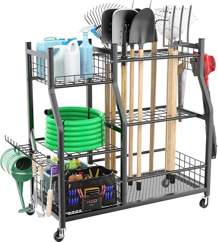 Extra Large Garden Tool Organizer Rack with Wheels, 3x2 Heavy Duty Garage Storage Stand Holds 60+ Tools, Black in Kuwait