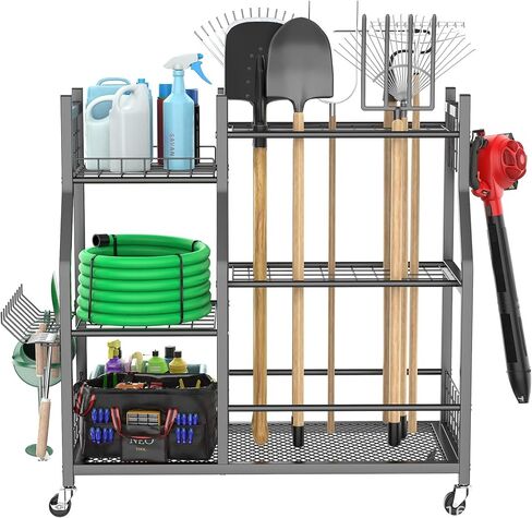 Extra Large Garden Tool Organizer Rack with Wheels, 3x2 Heavy Duty Garage Storage Stand Holds 60+ Tools, Black in Kuwait