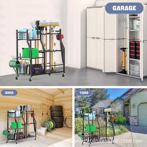 Extra Large Garden Tool Organizer Rack with Wheels, 3x2 Heavy Duty Garage Storage Stand Holds 60+ Tools, Black in Kuwait