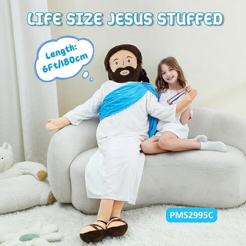 Giant Jesus Plush 6 Ft Jesus Stuffed Doll Plushie Toy Christian Pillow Religious Decoration Gift for Christening Easter (Blue) in Saudi Arabia