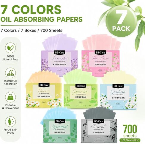 700 Count Oil Blotting Sheets for Face, Blotting Paper for Oily Skin, Green Tea, Lavender, Gardenia, Rose, Charcoal Scents, Plant-based, 7 Pack in Kuwait