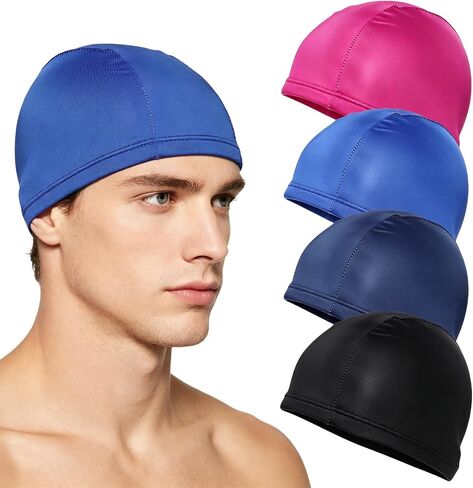 4 Pcs Swim Caps Nylon Spandex Fabric for Women Men | Stretchy Comfort Fit, 4 Pure Colors, Non-slip, Non-Snag for Long Hair, Breathable & Quick-Dry, Pool Beach Bath Use in Kuwait