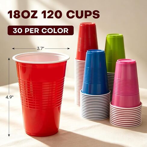 Disposable Plastic Cups, 120 Count, 18 Oz BPA-Free PP Plastic Cups, Assorted Red Blue Green Pink Party Cups for Tailgates, Birthdays, Holidays, BBQs, and Events in Kuwait