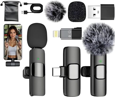 2-Pack Wireless Lavalier Microphone for iPhone & Android, Plug & Play No App/Bluetooth, Noise Reduction Dual Lapel Mic with Lightning/USB-C Receiver, 6H Battery Charging Case for Podcast TikTok in Kuwait