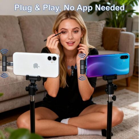 2-Pack Wireless Lavalier Microphone for iPhone & Android, Plug & Play No App/Bluetooth, Noise Reduction Dual Lapel Mic with Lightning/USB-C Receiver, 6H Battery Charging Case for Podcast TikTok in Kuwait