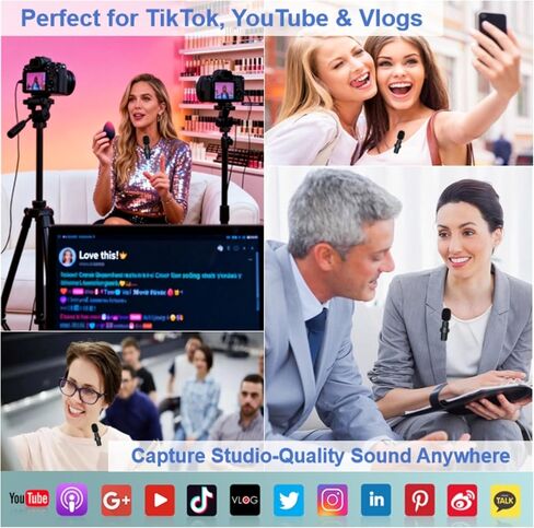 2-Pack Wireless Lavalier Microphone for iPhone & Android, Plug & Play No App/Bluetooth, Noise Reduction Dual Lapel Mic with Lightning/USB-C Receiver, 6H Battery Charging Case for Podcast TikTok in Kuwait