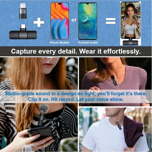 2-Pack Wireless Lavalier Microphone for iPhone & Android, Plug & Play No App/Bluetooth, Noise Reduction Dual Lapel Mic with Lightning/USB-C Receiver, 6H Battery Charging Case for Podcast TikTok in Kuwait