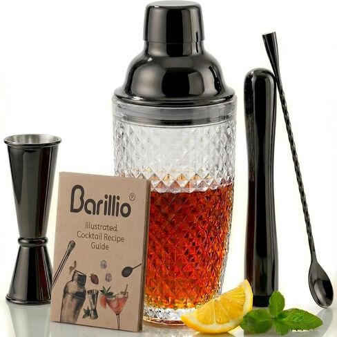 Barillio Glass Cocktail Shaker Set | 14 oz Cobbler Mixer with Bar Tools | Bartender Kit with Measuring Jigger, Mixing Spoon and Muddler | Gift Set in Kuwait