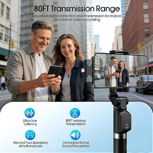 2 Pack Wireless Lavalier Microphone for iPhone iPad Android, Active Noise Reduction Mini Mic with Charging Case 7H Clip On Microphones for Interview, Recording, Vlogging, Live Streaming, 80ft in Kuwait
