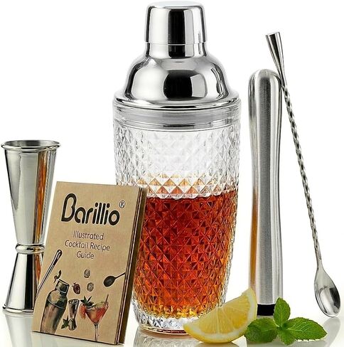 Barillio Glass Cocktail Shaker Set | 14 oz Cobbler Mixer with Bar Tools | Bartender Kit with Measuring Jigger, Mixing Spoon and Muddler | Gift Set in Kuwait