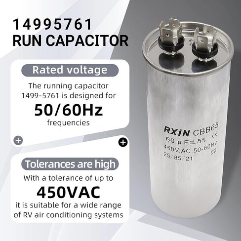 14995761 1499-5761 مكثف تشغيل 1499-576 60 فائق التوهج ±5% 450VAC 60 MFD 50/60 هرتز يناسب كولمان ماخ لمكيفات الهواء ومزيلات الرطوبة وغسالات وغسالات الأطباق in Kuwait