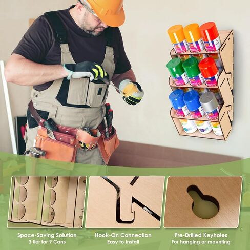 9-can Spray Can Holder Organizer, Wooden Spray Paint Can Holder Storage for Garage Workshop, Wall Mount Aerosol Spray Paint Can Organizer (Mounting Accessories Included) in Kuwait