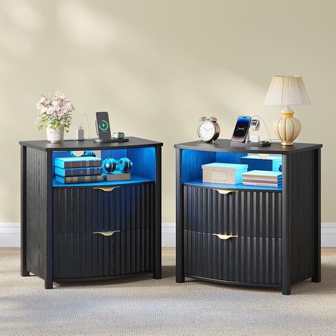 Dystler Fluted LED Night Stand with Hidden Gun Drawer & Charging | 19.7" W Curved Smart Bedside Table, 3-Color LED lights, 2 Drawers, Nightstand with Card-Lock, End Table for Bedroom, Black in Kuwait