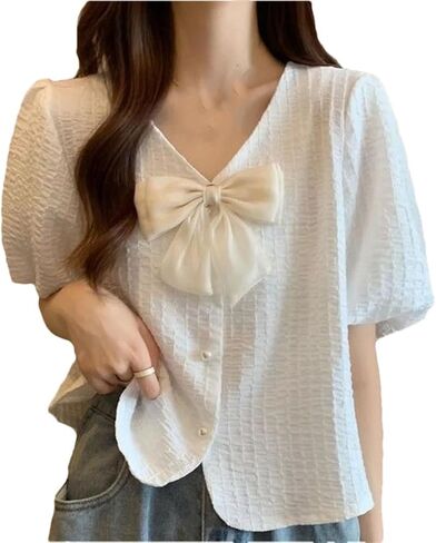 Women's V-Neck Bow Chiffon Shirt, Pearl Button Loose Short Shirt in Kuwait