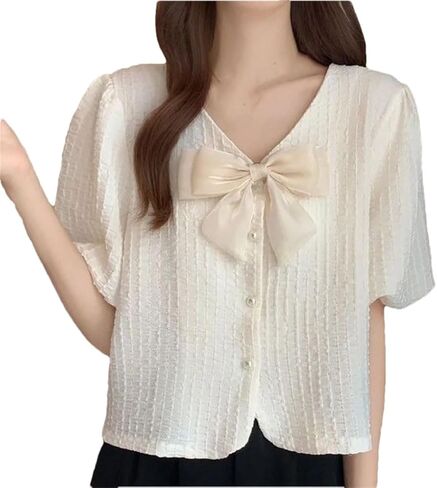 Women's V-Neck Bow Chiffon Shirt, Pearl Button Loose Short Shirt in Kuwait