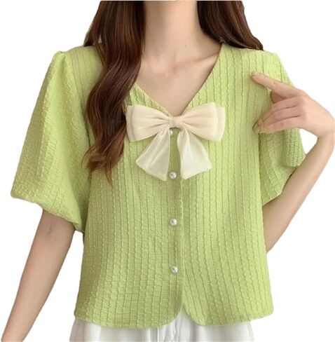 Women's V-Neck Bow Chiffon Shirt, Pearl Button Loose Short Shirt in Kuwait