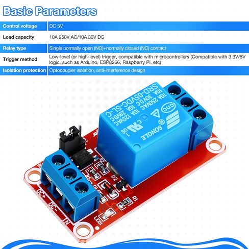 10PCS DC 5V Relay Module - 1 Channel Optocoupler Isolation Relay Board, High/Low Level Trigger, Normally Opened Compatible Load: 10A 250VAC / 15A 125VAC / 10A 30VDC (5V-10PCS) in Kuwait