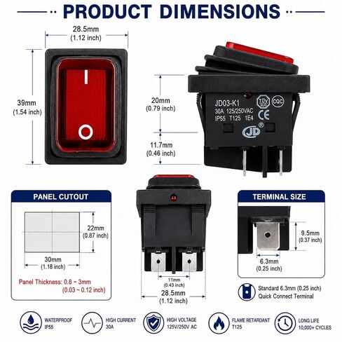 JD03-K1 مفتاح طاقة 30 أمبير 125 فولت/250 فولت تيار متردد DPST مفتاح تشغيل/إيقاف 4 دبابيس 2 موضع مفتاح تبديل مضيء بالضوء الأحمر، مفاتيح مقاومة للماء (قطعتان) in Kuwait