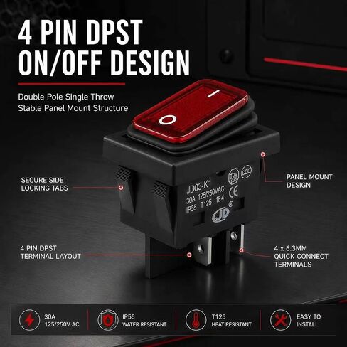 JD03-K1 مفتاح طاقة 30 أمبير 125 فولت/250 فولت تيار متردد DPST مفتاح تشغيل/إيقاف 4 دبابيس 2 موضع مفتاح تبديل مضيء بالضوء الأحمر، مفاتيح مقاومة للماء (قطعتان) in Kuwait