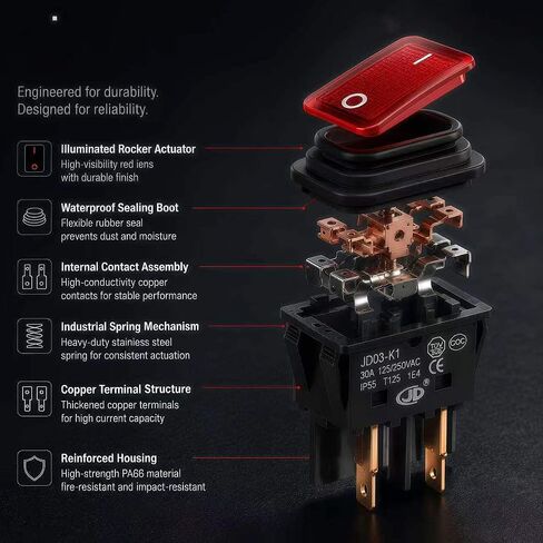 JD03-K1 مفتاح طاقة 30 أمبير 125 فولت/250 فولت تيار متردد DPST مفتاح تشغيل/إيقاف 4 دبابيس 2 موضع مفتاح تبديل مضيء بالضوء الأحمر، مفاتيح مقاومة للماء (قطعتان) in Kuwait