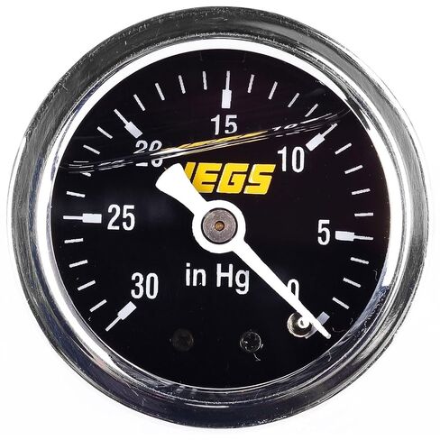 JEGS Vacuum Gauge | Liquid-Filled | 30in.to 0in.Hg Reading | 1/8in. NPT Male Fitting | Chrome Case | Black Face | White Needle, Numbers, Hashes | with Yellow JEGS Logo in Kuwait