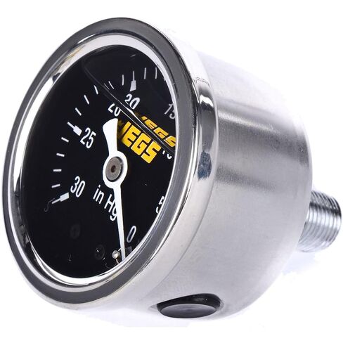 JEGS Vacuum Gauge | Liquid-Filled | 30in.to 0in.Hg Reading | 1/8in. NPT Male Fitting | Chrome Case | Black Face | White Needle, Numbers, Hashes | with Yellow JEGS Logo in Kuwait