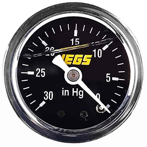 JEGS Vacuum Gauge | Liquid-Filled | 30in.to 0in.Hg Reading | 1/8in. NPT Male Fitting | Chrome Case | Black Face | White Needle, Numbers, Hashes | with Yellow JEGS Logo in Kuwait