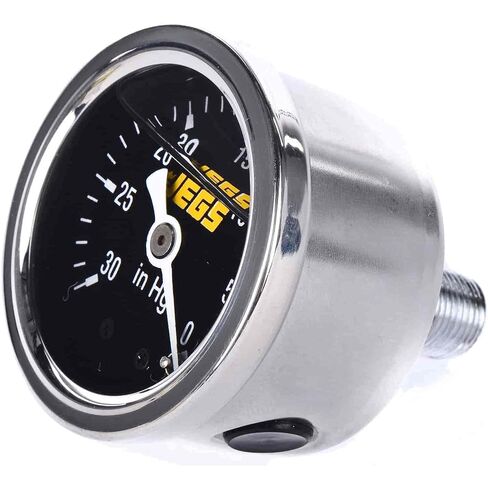JEGS Vacuum Gauge | Liquid-Filled | 30in.to 0in.Hg Reading | 1/8in. NPT Male Fitting | Chrome Case | Black Face | White Needle, Numbers, Hashes | with Yellow JEGS Logo in Kuwait