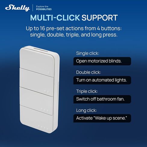 Shelly BLU RC Button 4 ZB، وحدة تحكم عن بعد ذكية تعمل بتقنية Bluetooth و Zigbee، 4 أزرار للتحكم عن بعد، أتمتة المنزل، نقرات متعددة، حامل مغناطيسي، خالي من الأسلاك، فتاحة باب المرآب، التحكم في الأضواء، التحكم في المشهد in Kuwait