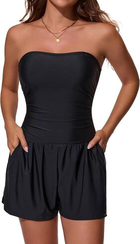 Smismivo Swim Romper Strapless Tummy Control Swismuits Bandeau Women Bathing Suits with Shorts and Pockets Padded Swimwear in Kuwait