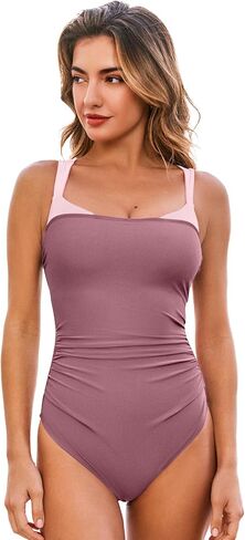CUPSHE Women's One Piece Swimsuit Square Neck Adjustable Straps Bathing Suit Back Self Tie Strappy Ruched Color Block in Saudi Arabia
