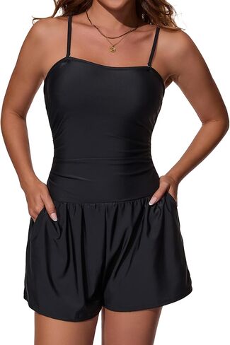 Smismivo Swim Romper Strapless Tummy Control Swismuits Bandeau Women Bathing Suits with Shorts and Pockets Padded Swimwear in Kuwait
