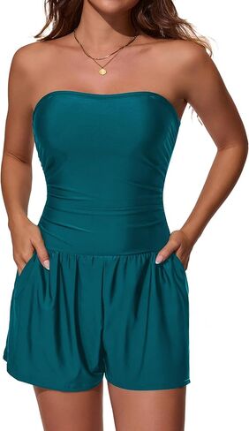 Smismivo Swim Romper Strapless Tummy Control Swismuits Bandeau Women Bathing Suits with Shorts and Pockets Padded Swimwear in Kuwait