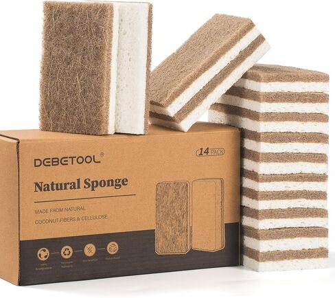 DEBETOOL 14-Pack Natural Sponges for Dishes - Plant Based Kitchen Dish Sponge with Coconut & Cellulose，Non-Scratch Sponges for Washing Dishes（Plastic Free） in Kuwait