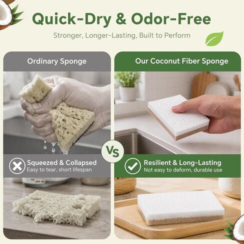 DEBETOOL 14-Pack Natural Sponges for Dishes - Plant Based Kitchen Dish Sponge with Coconut & Cellulose，Non-Scratch Sponges for Washing Dishes（Plastic Free） in Kuwait