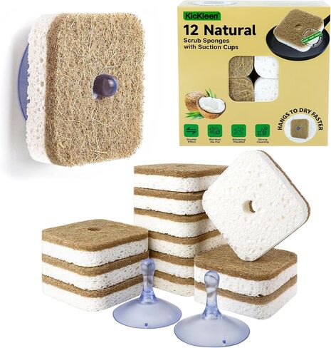 12Pack Kickleen Natural Kitchen Scrub Dish Sponge with Suction Hanger Biodegradable Compostable Cellulose and Coconut Non-Scratch Sponge for Kitchen, Bathroom, Household (White-12) in Kuwait