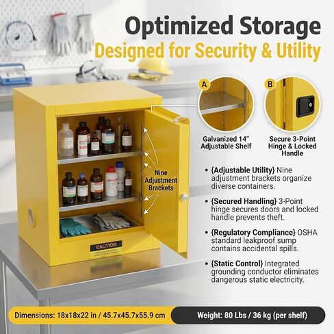 Explosion Proof Safety Cabinet Flammable Cabinet 16 Gallon Hazardous Chemical Storage Cabinet 18.1X18.1X35.4 Inch Piano Hinge Three Point Locking System Fireproof for Workplace in Kuwait