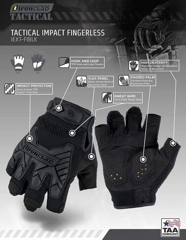 Ironclad IEXT-FIBLK-04-L Tactical Fingerless Impact Glove Black, Large in Kuwait