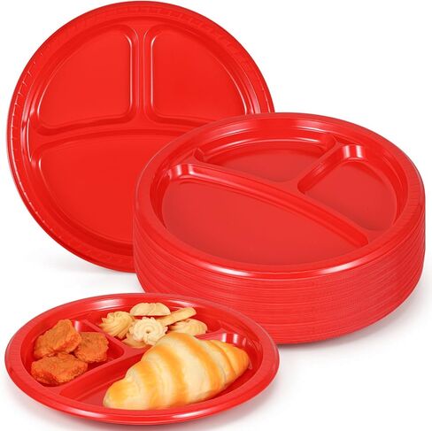 50 Pcs 3 Compartment Plastic Divided Plates 10 Inch Disposable Red Plates | Heavy Duty Dinnerware,Round Dinner Plate,with Dividers for Adults Kids Gatherings, Wedding Birthday Party in Kuwait