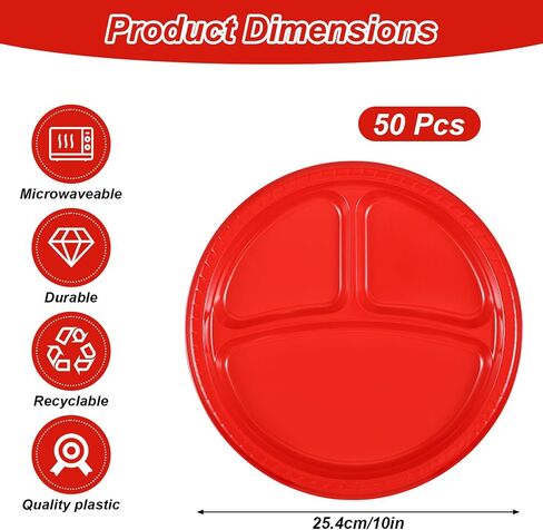 50 Pcs 3 Compartment Plastic Divided Plates 10 Inch Disposable Red Plates | Heavy Duty Dinnerware,Round Dinner Plate,with Dividers for Adults Kids Gatherings, Wedding Birthday Party in Kuwait