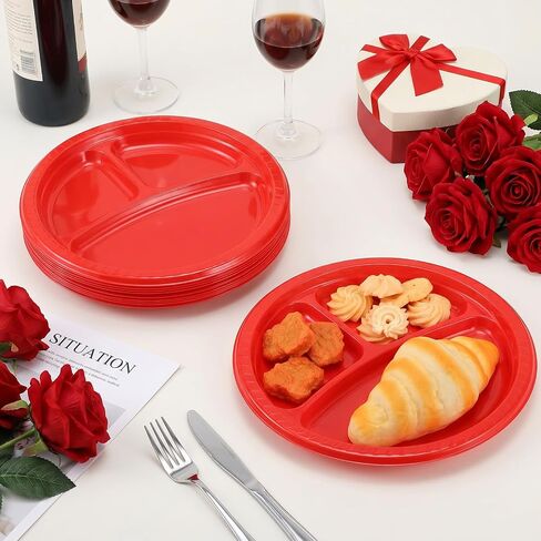 50 Pcs 3 Compartment Plastic Divided Plates 10 Inch Disposable Red Plates | Heavy Duty Dinnerware,Round Dinner Plate,with Dividers for Adults Kids Gatherings, Wedding Birthday Party in Kuwait