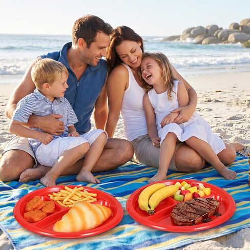 50 Pcs 3 Compartment Plastic Divided Plates 10 Inch Disposable Red Plates | Heavy Duty Dinnerware,Round Dinner Plate,with Dividers for Adults Kids Gatherings, Wedding Birthday Party in Kuwait
