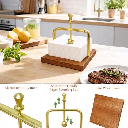 Napkin Holder for Table, Wooden Cocktail Napkin Holder with Golden Weighted Metal Arm, Farmhouse Square Napkin Dispenser for Kitchen Counter, Dining Table, Coffee Bar, Restaurant, Home Decor in Kuwait